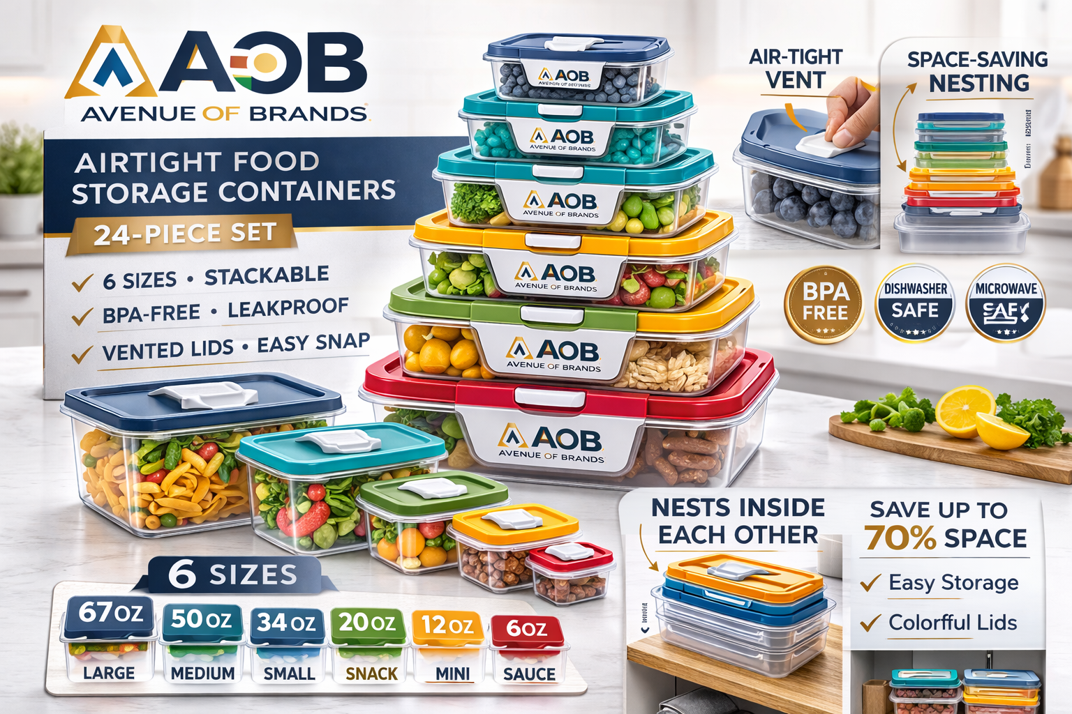 Airtight Food Storage Containers Set – 24 Piece BPA-Free Plastic Kitchen Storage Containers with Lids, Stackable & Nesting, Leakproof Vented Lids, Microwave Dishwasher Freezer Safe – 6 Sizes Pantry Organizatio