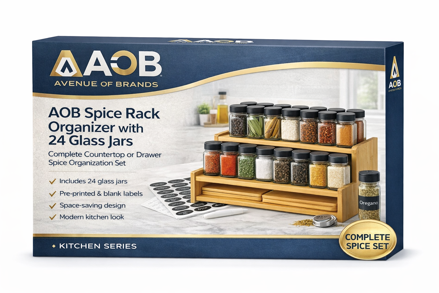 AOB Spice Rack Organizer with 24 Glass Jars – Complete Countertop or Drawer Spice Organization Set