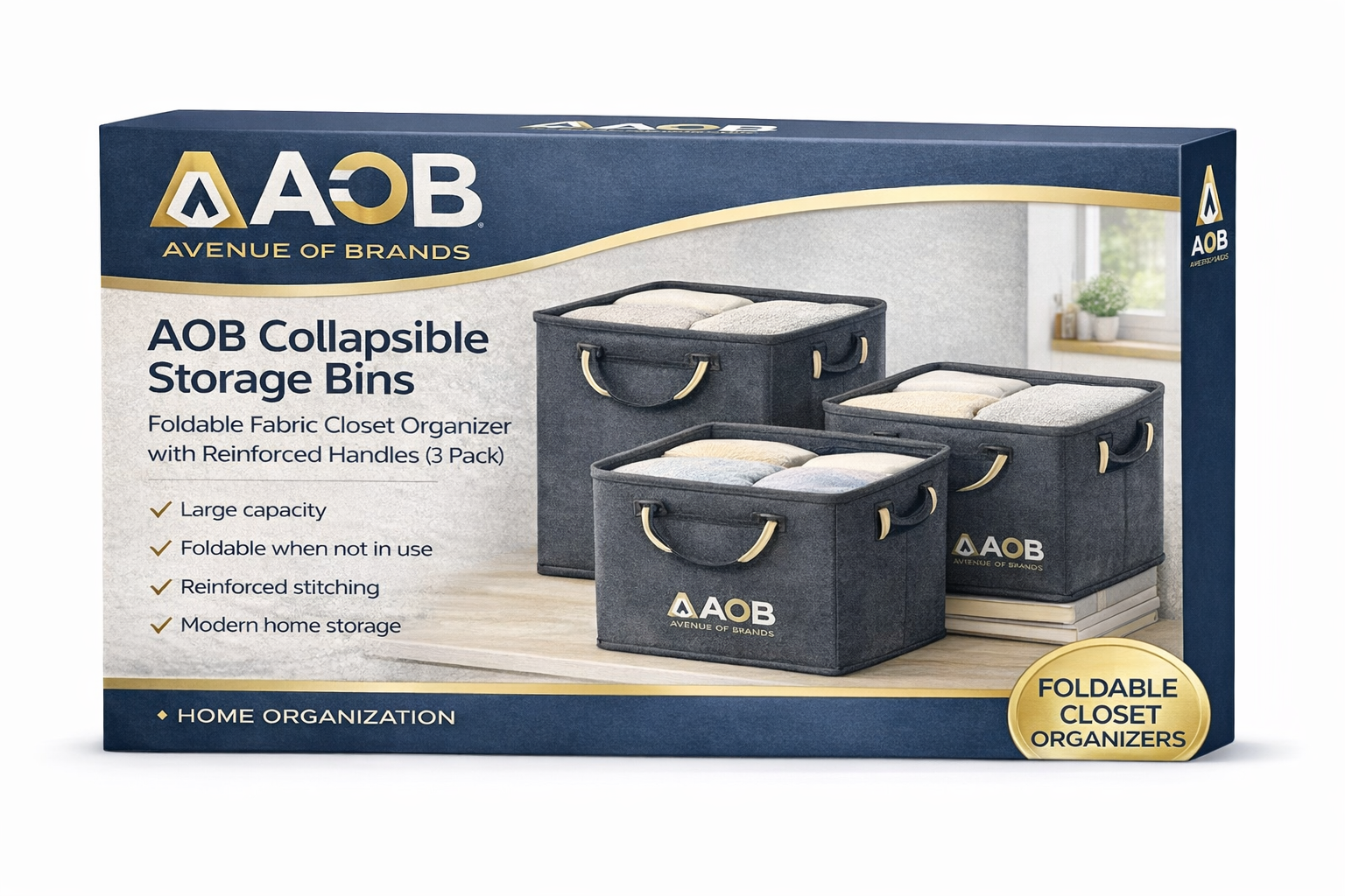 AOB Collapsible Storage Bins – Foldable Fabric Closet Organizer with Reinforced Handles (3 Pack)
