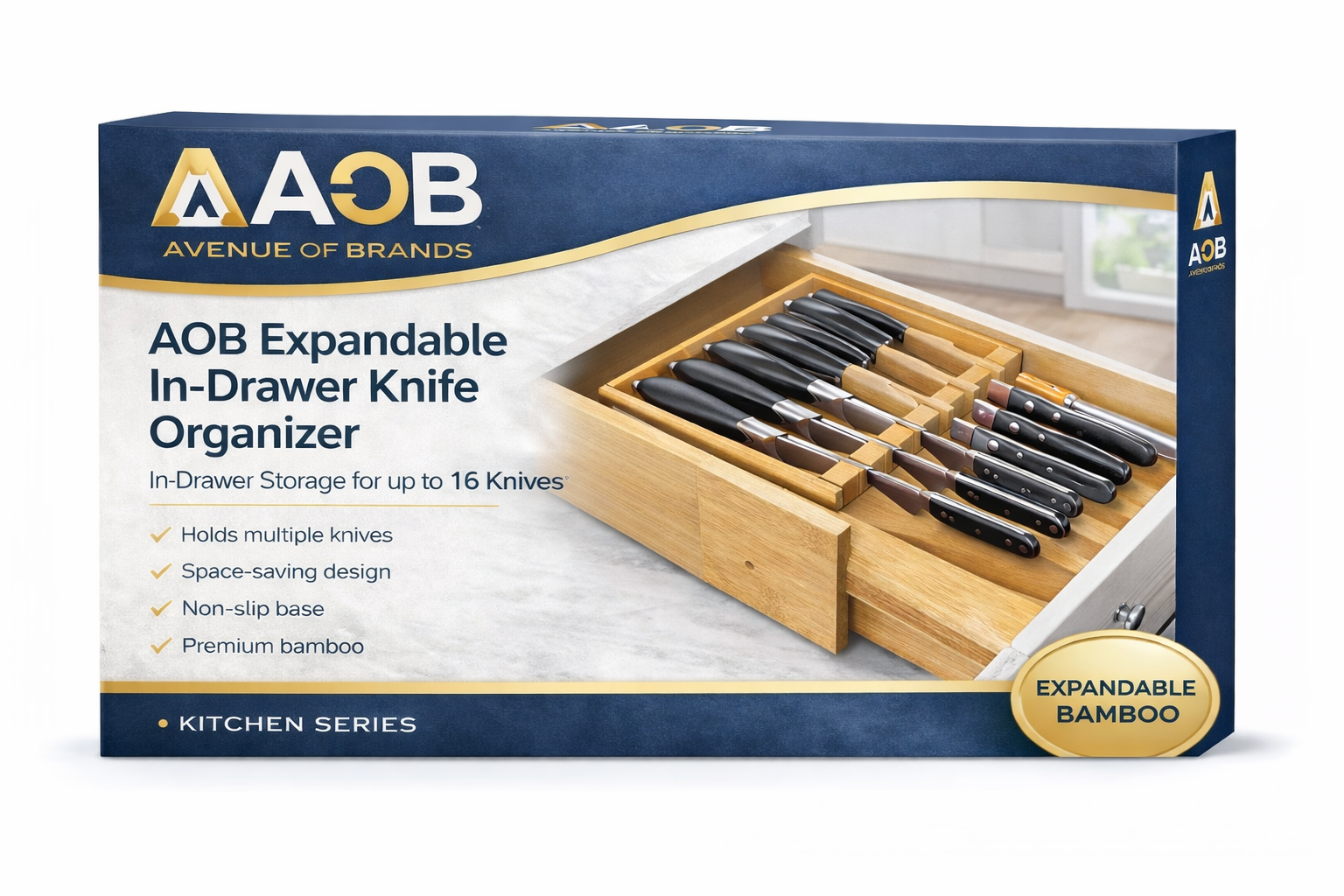 AOB Expandable Bamboo Knife Drawer Organizer – In-Drawer Storage for up to 16 Knives