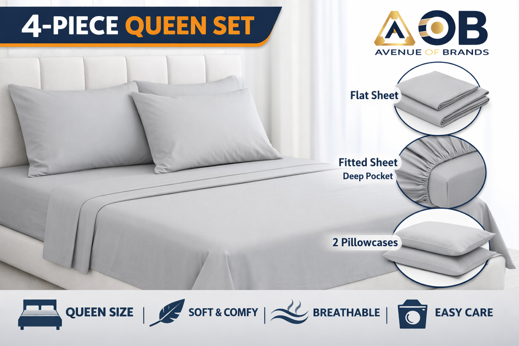 Queen Size 4-Piece Bed Sheet Set – Soft & Breathable Bedding, Deep Pocket Fitted
