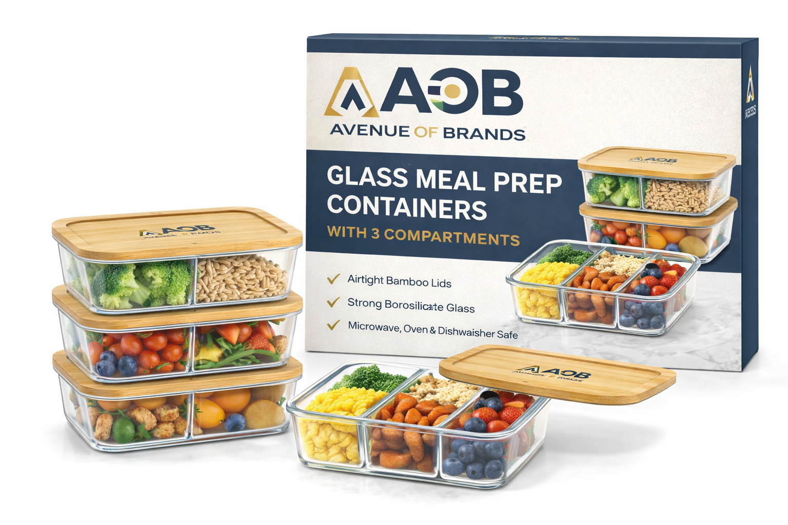 AOB Glass Meal Prep Containers with Bamboo Lids – 3 Compartment Food Storage Containers, Airtight Borosilicate Glass Lunch Boxes for Meal Prep, Microwave Oven Dishwasher Safe, BPA-Free